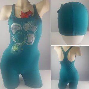 Youth Training Athletic Swimming Wear or Knee suit with Cap Teal Made in Brazil